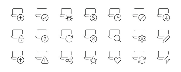Laptop icon set. Data transfer, laptop lock, laptop set up, setting and laptop options, technology related linear simple icons, vector icon collection.