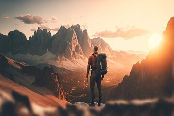 Fototapeta premium Conquering the Peaks: Inspiring Photo of a Hiker Pushing Through the Challenge of a Mountain Hike. Hiking. Background or wallpaper. Generative AI.