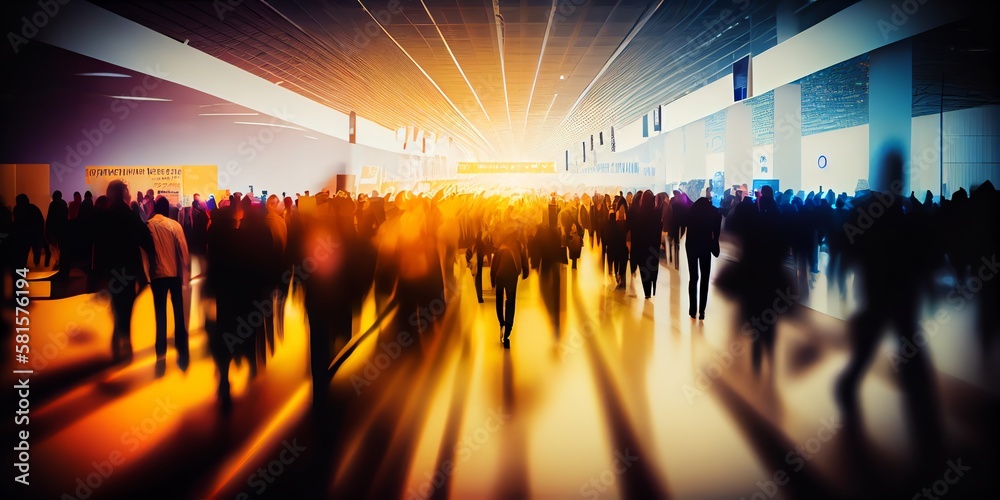 Wall mural background of an expo with blurred individuals in an exposition hall. concept for a major internatio