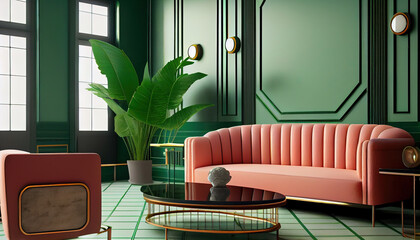 Interior of luxury home, art deco modern trendy living room, ai illustration