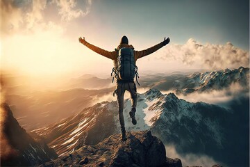 Conquering the Peaks: Inspiring Photo of a Hiker Pushing Through the Challenge of a Mountain Hike. Hiking. Background or wallpaper. Generative AI.