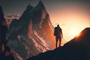 Fototapeta premium Conquering the Peaks: Inspiring Photo of a Hiker Pushing Through the Challenge of a Mountain Hike. Hiking. Background or wallpaper. Generative AI.
