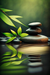 Fototapeta na wymiar zen stones on water and bamboo background, spa concept. Generative AI,