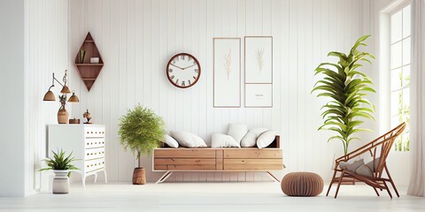 Home Mockup, White Room With Natural Wooden Furniture, 3d Render. Generative AI