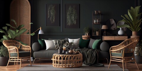 Home Interior With Rattan Furniture And Decor In Dark Green Living Room, 3d Render. Generative AI