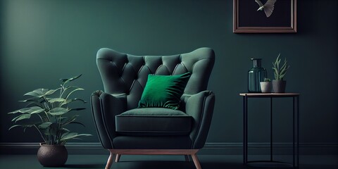 Living Room With Green Armchair On Empty Dark Green Wall Background. Generative AI