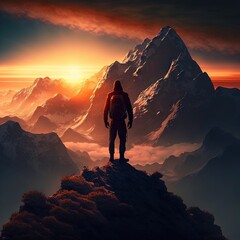 Obraz premium Conquering the Peaks: Inspiring Photo of a Hiker Pushing Through the Challenge of a Mountain Hike. Hiking. Background or wallpaper. Generative AI.