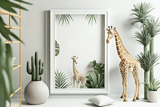 interior frame mockup, giraffe and jungle theme, 3d render, generative ai