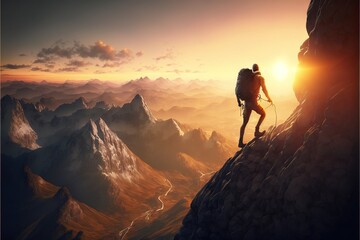Fototapeta na wymiar Conquering the Peaks: Inspiring Photo of a Hiker Pushing Through the Challenge of a Mountain Hike. Hiking. Background or wallpaper. Generative AI.