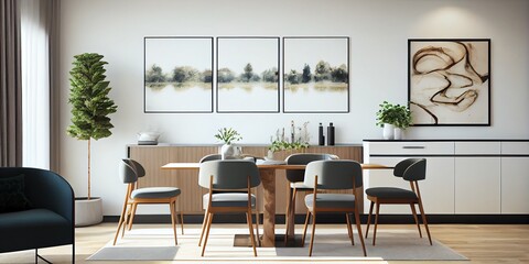 Modern Living Room Interior With Eating Table And Seats, Drawer. Mockup Wall. Generative AI