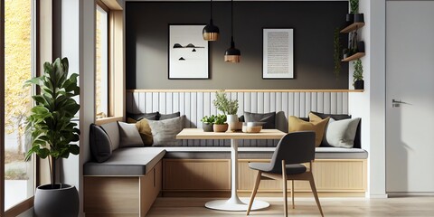 Modern Living Room Interior With Eating Table And Seats, Drawer. Mockup Wall. Generative AI