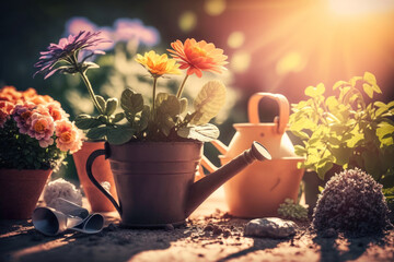 Pot of chrysanthemums with gardening tools, with spring sun at sunset generative ai