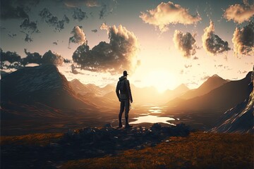 Obraz premium Conquering the Peaks: Inspiring Photo of a Hiker Pushing Through the Challenge of a Mountain Hike. Hiking. Background or wallpaper. Generative AI.