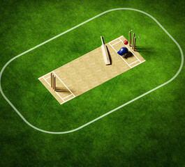 3D Render Of Playground, bat ball and stamps with helmet