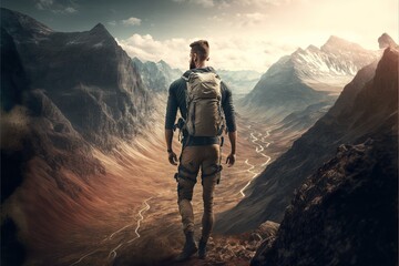 Fototapeta premium Conquering the Peaks: Inspiring Photo of a Hiker Pushing Through the Challenge of a Mountain Hike. Hiking. Background or wallpaper. Generative AI.