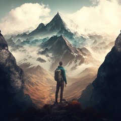 Conquering the Peaks: Inspiring Photo of a Hiker Pushing Through the Challenge of a Mountain Hike. Hiking. Background or wallpaper. Generative AI.