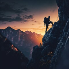 Conquering the Peaks: Inspiring Photo of a Hiker Pushing Through the Challenge of a Mountain Hike. Hiking. Background or wallpaper. Generative AI.