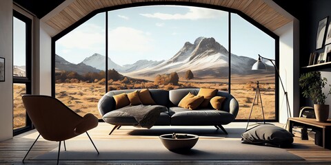 Fototapeta na wymiar Stylish Lounge Zone Interior With Couch, Armchair And Panoramic Window. Generative AI