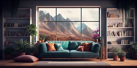 Stylish Lounge Interior With Couch, Shelf With Decor And Panoramic Window. Generative AI