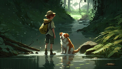 Painting of a young boy and his dog in the jungle