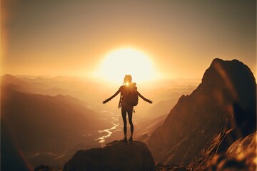 Obraz premium Conquering the Peaks: Inspiring Photo of a Hiker Pushing Through the Challenge of a Mountain Hike. Hiking. Background or wallpaper. Generative AI.