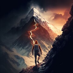 Fototapeta premium Conquering the Peaks: Inspiring Photo of a Hiker Pushing Through the Challenge of a Mountain Hike. Hiking. Background or wallpaper. Generative AI.