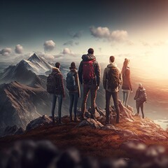 Teamwork and Adventure: Group of People Hiking Together in the Mountains. Mountain Hike. Hiking. Background or wallpaper. Generative AI.