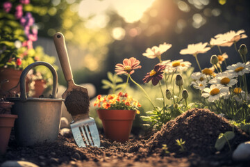 garden background,daisies,plants and tools, from gardening concept, generative ai
