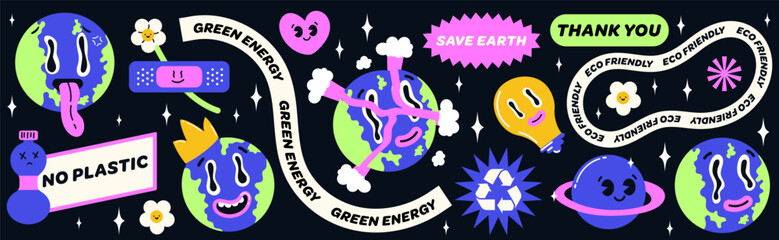 Modern sticker pack on eco friendly thematic. Earth planet, no plastic, green energy, recycling in trendy psychedelic style. Brutalism elements and and retro and y2k aesthetic. Vector design.