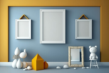 Blank frames on White Wall in children's room. Template for Design. Mock Up. AI generated