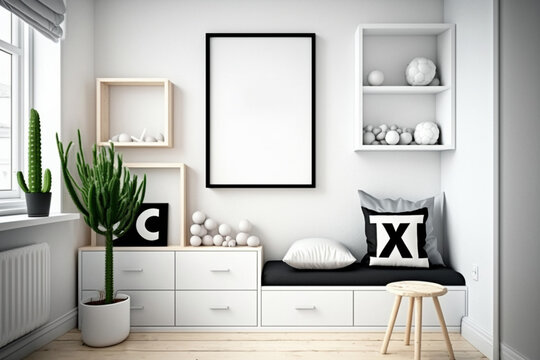 Blank frames on White Wall in children's room. Template for Design. Mock Up. AI generated