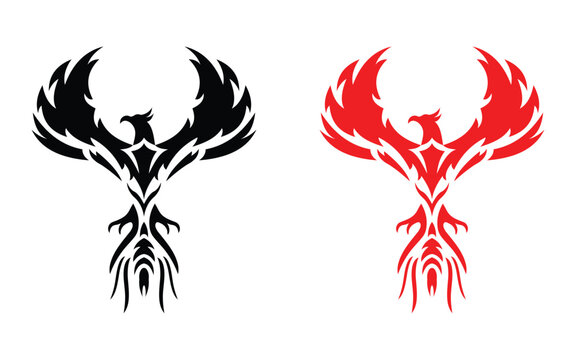 Phoenix tattoo on fire Tribal pattern vector art Engraving wings illustration