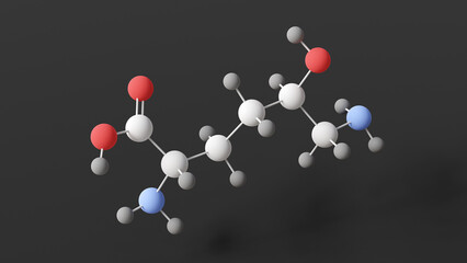 hydroxylysine molecule, molecular structure, amino acid, ball and stick 3d model, structural chemical formula with colored atoms