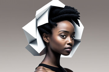 Close-up portrait of a beautiful young African-American woman with a futuristic hat - isolated, not based on a real person, Generative AI