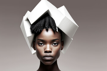 Close-up portrait of a beautiful young African-American woman with a futuristic hat - isolated, not based on a real person, Generative AI
