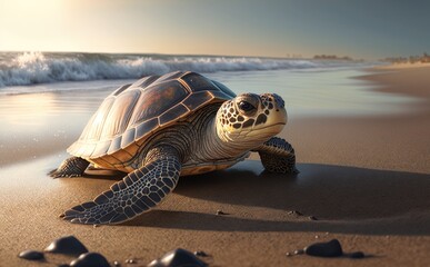 Turtle waling along the shoreline in the beach at sunset. Generative AI.
