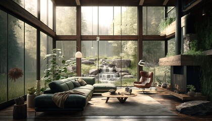 Obraz na płótnie Canvas a relaxing, calming vintage retro living room in the forest with plants and wood. Generative AI