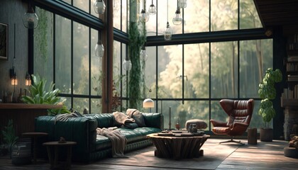 a relaxing, calming vintage retro living room in the forest with plants and wood. Generative AI