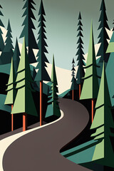 Midcentury modern style travel illustration of a road through the mountains with pine trees. Generative AI.
