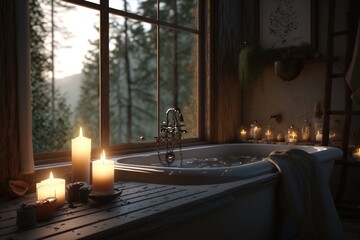 a relaxing, calming vintage retro design bathroom in the forest with plants and wood and a bathtub. Generative AI