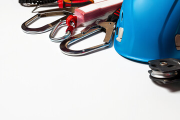 Helmet for work at height or mountaineering. Equipment for mountaineering and high-altitude works....