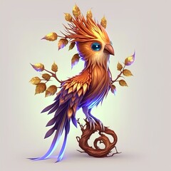 Cute funny phoenix character with orange feathers on isolated background