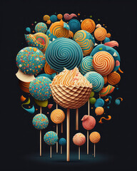 Candies and lollipops on a black background. Generative AI