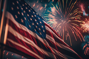 AI generated celebratory fireworks on background of american flag at usa independence day - obrazy, fototapety, plakaty