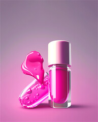 Cosmetic product or lip oil for moisturizing on purple background. Copy space, vertical. Generative AI content