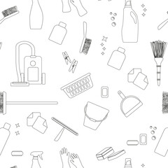 A seamless pattern with cleaner equipment products in for cleaning housework domestic brush sponge bottle spray and protective gloves, housekeeping vector illustration or banner seamless line pattern