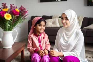 Obraz na płótnie Canvas child congratulates his muslim mother with flowers bouquet at home, mothers day concept. Generative AI