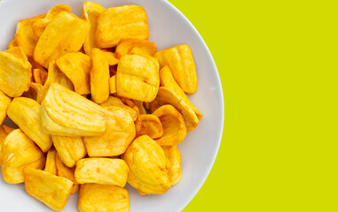 Jackfruit chips on green background