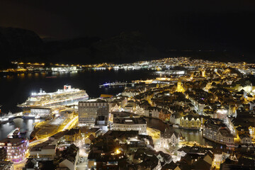 Night View Of Alesund Skyline Cityscape. Historical Center In Summer Evening. Famous Norwegian Landmark And Popular Destination. Alesund, Kiven viewpoint.