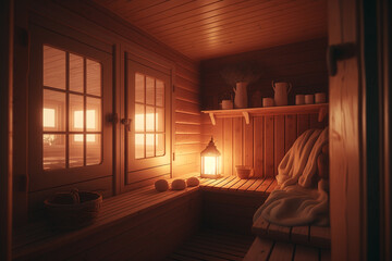 cozy sauna room with wooden bench Generative AI - obrazy, fototapety, plakaty